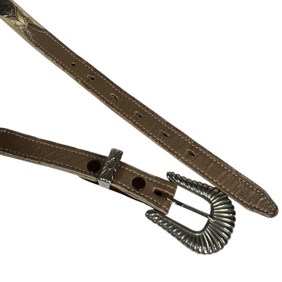 Vintage Western Leather Skinny Concho Belt Small Cream Taupe Embellished Cowgirl - Picture 4 of 7